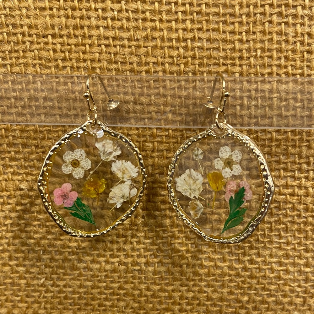 Floral Gold Earrings, pressed flower